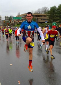 A quick change at Mile 16 (sans phonebooth) into warm, dry clothes  meant that I was ready to represent Captain America's Stars and Stripes all the way up Heartbreak Hill.  USA! USA! USA!