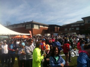 The Athlete's Village in Hopkinton, the resting place for runners before the race. Notice the security on the high school rooftop