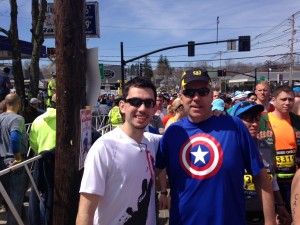 Dad and I before the starting line. We're both doing our star-spangled duty in Captain America gear