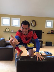 "Does whatever a spider can!" Well hopefully, spiders can run 26.2 miles in the pouring rain.