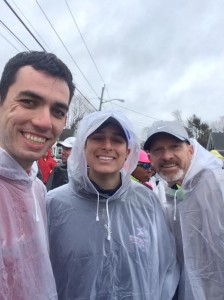 Standing in our corral to reach the starting line in Hopkinton. The ponchos are both fashionable and aerodynamic, yes?